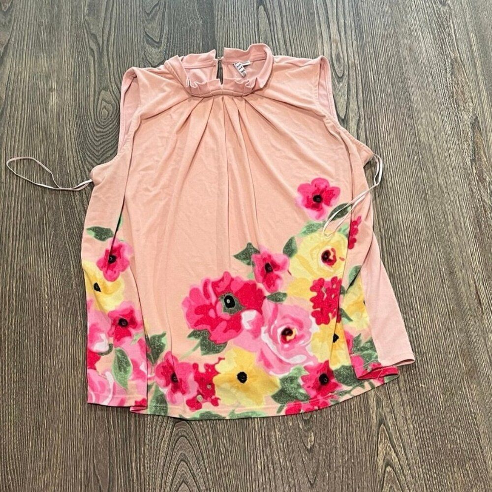 Elle Women’s Blouse Top Sleeveless Floral Round Neck Pink Size Large